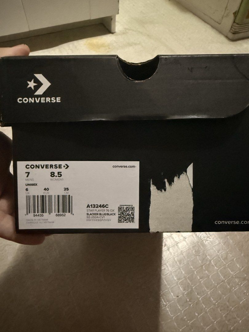 Converse Star Player 76 Low Top Blue Sneakers (Category: Sneakers) located in Quezon City. Submitted by nerual10 (Listing ID 1454951943, Image 2). Description: - Blue Converse Star Player 76 Sneakers - Size: Men's 7 / Women's 8.5 - Style: Classic low-top - Features: Iconic star chevron logo, black laces - Condition: Comes with original box - Ideal for: Casual wear and everyday outfits Used once lang po masikip po. Location: Anonas QC po Shipping 