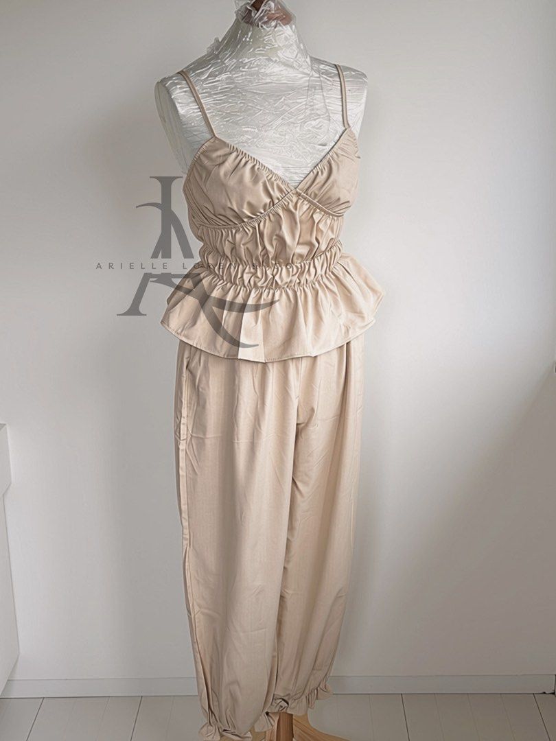COORDS/TERNO Peplum Cinched Top with Pants - Light khaki (Category: Sets or Coordinates) located in Manila. Submitted by ariellelorenco (Listing ID 1454976027, Image 3). Description: -Color: LIGHT KHAKI -Soft fabric -Peplum style top -Tip is Cinched/ garterized on the waist -Adjustable straps -Smocked back -Bust size up to 40in max -Pants garterized /Genie style at the hem -Waist up to 36in max -With 2 side pockets ***These are all actual photos 