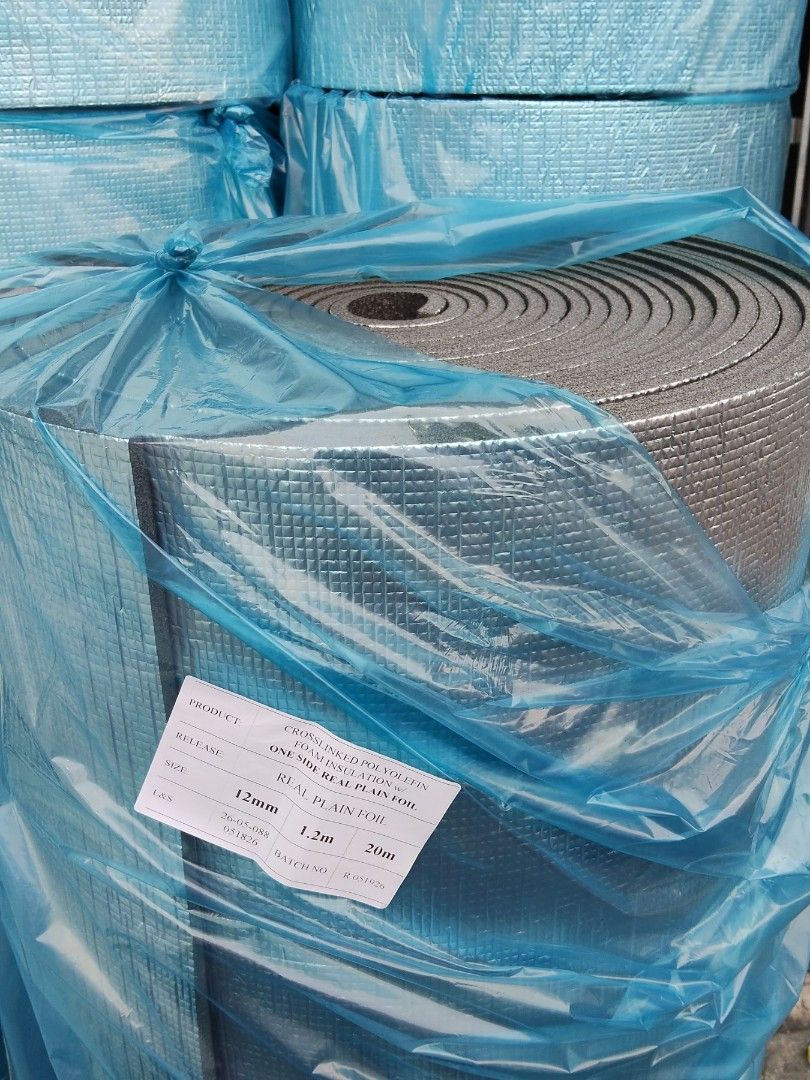 Cross-linked Polyolefin Foam Insulation Roll - 12mm x 1.2m x 20m (Category: Construction Tools & Equipment) located in Manila. Submitted by joanrevell51580 (Listing ID 1455016590, Image 2). Description: - Cross-linked Polyolefin Foam Roll - Thickness: 12mm - Width: 1.2 meters - Length: 20 meters - Backing: Plain Foil - Ideal for insulation projects - Stored in protective plastic wrap - Multiple rolls available.
