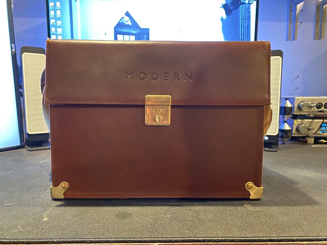 Drop It Modern Hard Case (Category: Camera Bags & Carriers) located in Pasig City. Submitted by founditatthegrove (Listing ID 1449865461, Image 3). Description: Vintage Drop It MODERN leather hard case. It has brass hardware, a canvas strap, and a padded interior with removable dividers for camera + lenses. It can fit one camera body plus two lenses, with compartments for memory cards and an iPad mini. It was only used once..