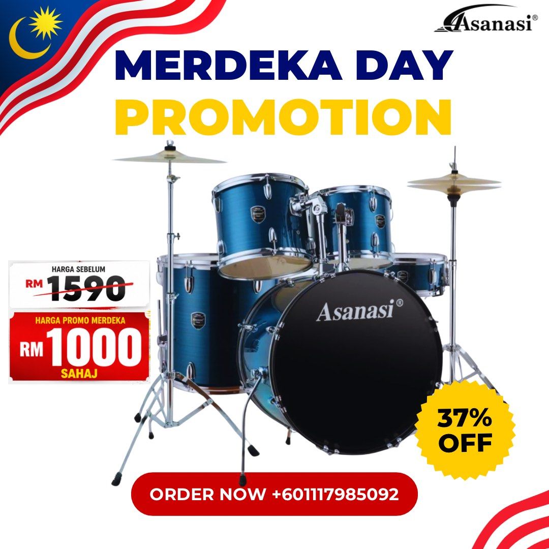 Drumset (Category: Musical Instruments) located in Kuala Lumpur. Submitted by wanmuhamma59448 (Listing ID 1455097637, Image 3). Description: 🥁🇲🇾 PROMO MERDEKA – SET DRUM ASANASI! 🇲🇾🥁 Nak mula belajar drum? Nak upgrade set drum untuk latihan atau persembahan? Inilah masa yang sesuai! 🔥 ✨ SET DRUM ASANASI kini ditawarkan dengan harga istimewa sempena PROMO MERDEKA! ❌ Harga asal: RM1,590 🔥 HARGA PROMO MERDEKA: RM1,000 SAHAJA! 🔥 Dengan desig