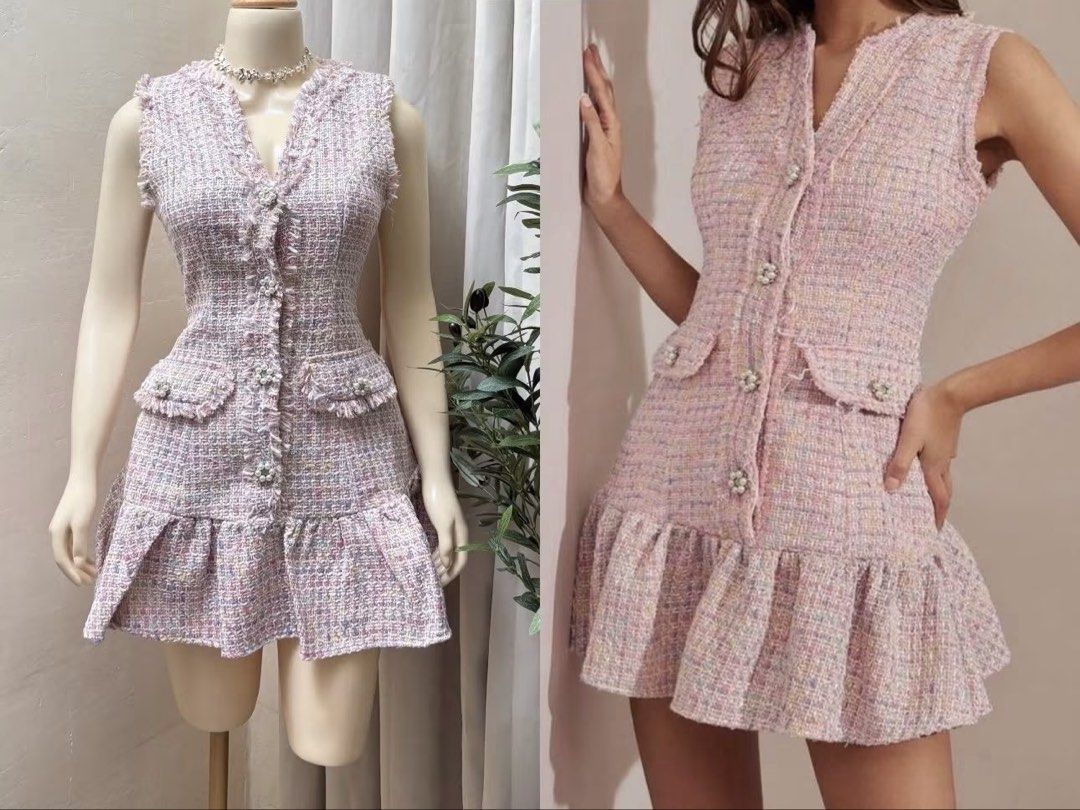 Enchnt Pink Tweed Button Front Ruffle Hem Dress (Category: Dresses) located in Bulacan. Submitted by riri__ (Listing ID 1455122089, Image 2). Description: - S size - Pink tweed sleeveless dress - Flattering V-neckline - Elegant pearl button details - Two functional front pockets - Playful ruffle hem - Perfect for dressing up or down - Ideal for brunch dates or nights out.