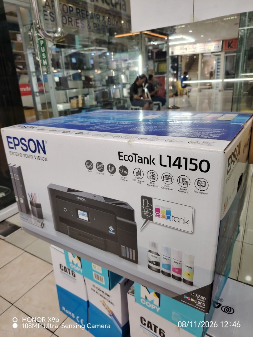 Epson EcoTank L4150 Printer (Category: Printers, Scanners & Copiers) located in Caloocan City. Submitted by pherxtotz (Listing ID 1454994392, Image 2). Description: - Epson EcoTank L4150: Wireless All-in-One Inkjet Printer - Functions: Print, Scan, Copy - Includes EcoTank Ink Bottles for cost-effective printing - Ideal for Home and Office use - Easy to set up and operate.