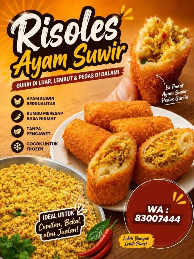 Frozen Risoles (Category: Chilled & Frozen Food) located in Singapore. Submitted by allaboutyummies (Listing ID 1455016027, Image 3). Description: 𝐏𝐑𝐄 𝐎𝐑𝐃𝐄𝐑 ‼️‼️ Frozen Risoles ‼️ 💯Halal & Muslim Owned 🫔Frozen Risoles ~1 pack 16pcs 💥Fillings ~Ayam siwir (spicy) ~Daging Rica2 (Spicy) ~Egg Mayo With Chicken Sausage ~Chocolate Cheese ~Matcha Cheese ~Oreo Cheese 🚚Islandwide Delivery : Sunday 16/8/2026 🏡Self Collect : Choa Chu Kang WA : 8