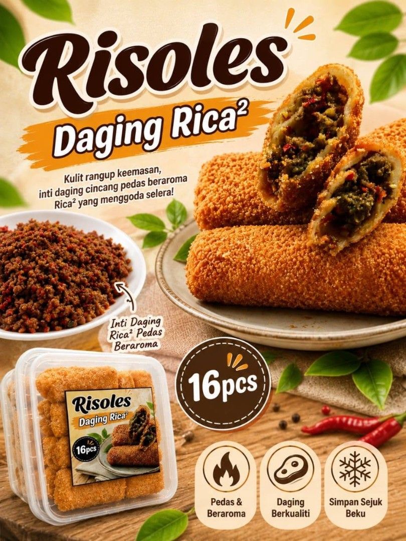 Frozen Risoles (Category: Chilled & Frozen Food) located in Singapore. Submitted by allaboutyummies (Listing ID 1455016027, Image 2). Description: 𝐏𝐑𝐄 𝐎𝐑𝐃𝐄𝐑 ‼️‼️ Frozen Risoles ‼️ 💯Halal & Muslim Owned 🫔Frozen Risoles ~1 pack 16pcs 💥Fillings ~Ayam siwir (spicy) ~Daging Rica2 (Spicy) ~Egg Mayo With Chicken Sausage ~Chocolate Cheese ~Matcha Cheese ~Oreo Cheese 🚚Islandwide Delivery : Sunday 16/8/2026 🏡Self Collect : Choa Chu Kang WA : 8
