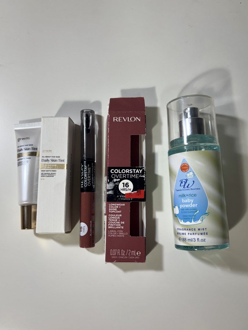GRWM, Revlon, Baby Powder Mist Bundle (Category: Makeup) located in Manila. Submitted by deardolliez (Listing ID 1455019282, Image 1). Description: FOR SALE / DECLUTTERING 🧸 ♡ GRWM Cosmetics Daily Skin Tint 8 ml Shade: Beige / Medium Warm ₱150 ♡ Revlon ColorStay Overtime Lip Color Shade: Blush Hour ₱290 ♡ TSB Milk + Rice Baby Powder Fragrance Mist 88ml / 3 fl oz ₱45 BUNDLE: ₱420 Condition: Swatched/sprayed a few times only No major use, still in