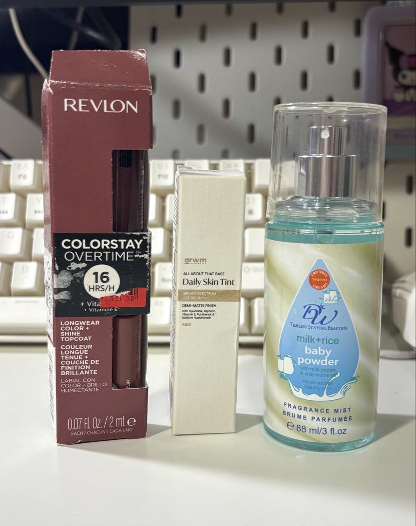 GRWM, Revlon, Baby Powder Mist Bundle (Category: Makeup) located in Manila. Submitted by deardolliez (Listing ID 1455019282, Image 2). Description: FOR SALE / DECLUTTERING 🧸 ♡ GRWM Cosmetics Daily Skin Tint 8 ml Shade: Beige / Medium Warm ₱150 ♡ Revlon ColorStay Overtime Lip Color Shade: Blush Hour ₱290 ♡ TSB Milk + Rice Baby Powder Fragrance Mist 88ml / 3 fl oz ₱45 BUNDLE: ₱420 Condition: Swatched/sprayed a few times only No major use, still in