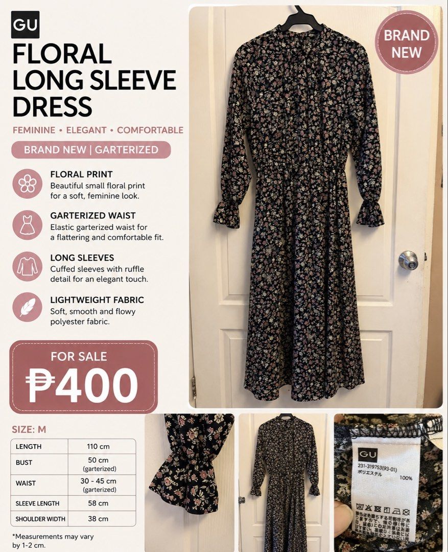 GU long floral dress (Category: Dresses) located in Mandaluyong City. Submitted by elle_scent (Listing ID 1455137287, Image 1). Description: GU long Dress used only once then stored Can fit to Large Frame Bagsak Ang tela No Damage No Stain İn Excellent used condition Location Mandaluyong Lalamove Grab Manila Area JRS only for provincial area Mode of payment Gcash or BDO ❌ No J&T or LBC .