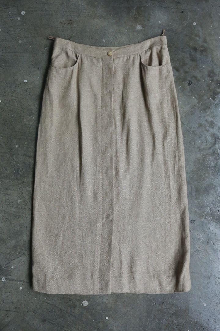 Hermes - Margiela - S/S 99 - Front Button-Up Skirt (Category: Skirts) located in Manila. Submitted by graymatter_ (Listing ID 1454977714, Image 2). Description: Hermes - Margiela - S/S 99 - Front Button-Up Skirt Tagged Size: 44 Condition: 8.5/10 Flaws: Minor Piling Material: 91% Linen, 9% Polyamide Made in: France Dimensions Waist: 34 Length: 35.