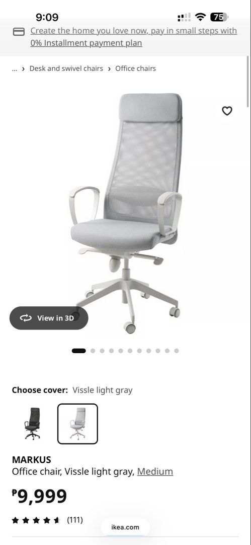 IKEA MARKUS Office Chair Vissle Light Gray (Category: Office Furniture & Fixtures) located in Pasig City. Submitted by lyn.declutter (Listing ID 1455089732, Image 2). Description: SELLING! SRP: 9,999 Selling for: 7,500 • IKEA MARKUS office chair • Color: Vissle light gray • Selling because of change of set up here! Would get different colored chair! • Pick up pref.