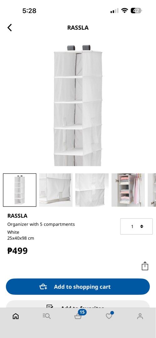 IKEA RASSLA Hanging Organizer with 5 Compartments White (Category: Storage Boxes & Baskets) located in Quezon City. Submitted by gracejongin88 (Listing ID 1455044365, Image 2). Description: Brand new IKEA RASSLA hanging organizer, 5 compartments, white. Perfect for closet clothes & accessories. Sealed. .
