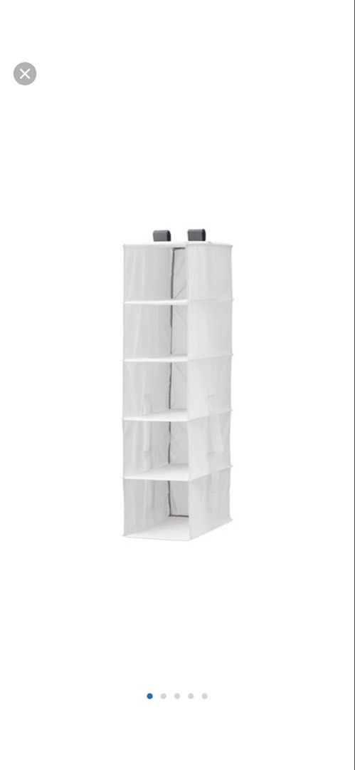IKEA RASSLA Hanging Organizer with 5 Compartments White (Category: Storage Boxes & Baskets) located in Quezon City. Submitted by gracejongin88 (Listing ID 1455044365, Image 3). Description: Brand new IKEA RASSLA hanging organizer, 5 compartments, white. Perfect for closet clothes & accessories. Sealed. .
