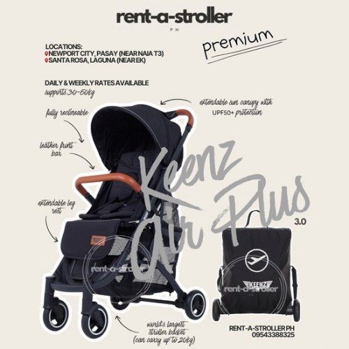 Keenz Air Plus 3.0 Stroller for Rent (Category: Strollers) located in Santa Rosa. Submitted by mgutierrezs (Listing ID 1455134024, Image 1). Description: FB page: Rent-a-Stroller PH Locations: 📍Newport City, Pasay (near NAIA Terminal 3) 📍Santa Rosa, Laguna (near Enchanted Kingdom) Keenz Air Plus 3.0 Supports 30-50kg ✨Thoroughly cleaned and sanitized every after use ✨ Every stroller comes with its own travel bag Also Available: GB Pockit, GB Poc
