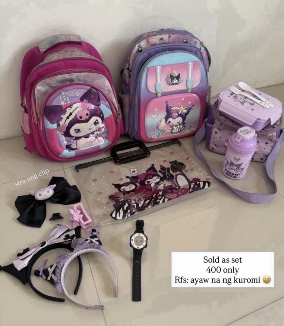 Kuromi Set (Category: Backpacks) located in Batangas. Submitted by gaprelovedthings (Listing ID 1455060742, Image 1). Description: - Complete Kuromi themed school set - Includes: 2 backpacks, lunch box with utensils, water bottle, headbands, hair clips, and digital watch - All items feature adorable Kuromi designs - Sold as a complete set - Ideal gift for any Kuromi fan!.