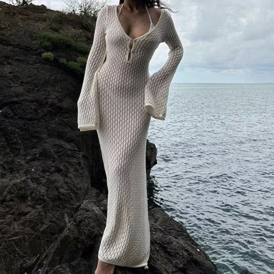 Long Knit Cover-up Dress (Category: Dresses) located in Cainta. Submitted by 93fty (Listing ID 1454949585, Image 1). Description: Best fit: S to L body frames Used once. Apricot ✨.