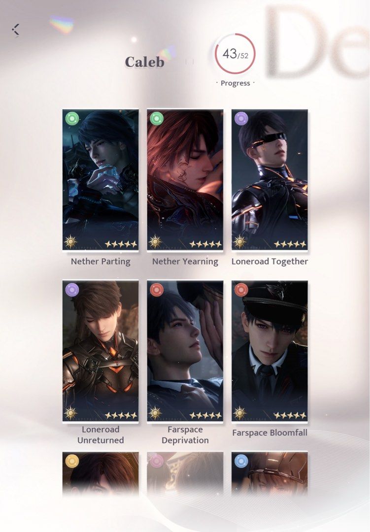Love and Deep Space LADS Account (Caleb & Sylus Centric) (Category: Others) located in Quezon City. Submitted by yuilee_ (Listing ID 1455112770, Image 2). Description: PLEASE READ 🪷 Mostly Caleb centric, complete with all 3 myths (all awakened and leveled, R1 Netherlord and R3 Colonel) and most of his latest limited 5s cards, Affinity Lvl. 120 🪷 Secondary Sylus main, complete with all 3 myths with some of his latest limited 5s cards, Affinity L