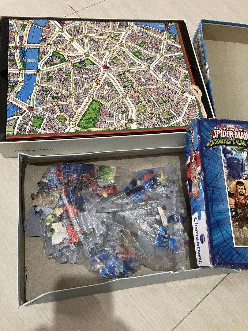 Marvel Jigsaw Puzzle (Category: Board Games & Puzzles) located in Valenzuela. Submitted by theaveqc04360 (Listing ID 1431271347, Image 3). Description: This item is a Clementoni Marvel Ultimate Spider-Man vs. The Sinister Six jigsaw puzzle. Number of Pieces: 100. Theme: Action scene featuring Spider-Man fighting the Sinister Six villains. Dimensions: Approximately \(48.5\times 33.5\text{\ cm}\). Recommended Age: 6 years and up..