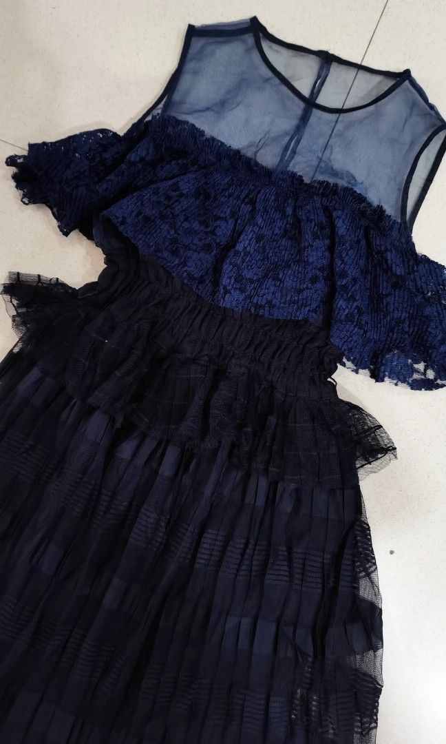 Navy blue lace tiered dress (Category: Dresses) located in Batangas. Submitted by micaelaul (Listing ID 1455060585, Image 2). Description: Smocking waist Bust 30-34 26-30.