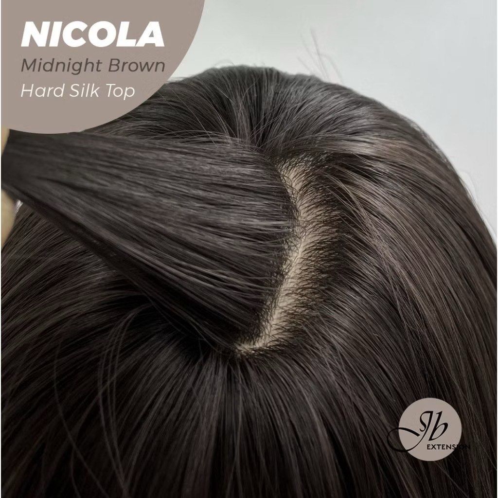 NICOLA Midnight Brown Hard Silk Top Wig (Category: Hair Accessories) located in Cavite. Submitted by abadsarah (Listing ID 1454982846, Image 3). Description: - NICOLA wig in Midnight Brown - Features a hard silk top for a natural appearance - Straight cut with bangs - Ideal for a fresh hairstyle or costume - Simple to wear and style.