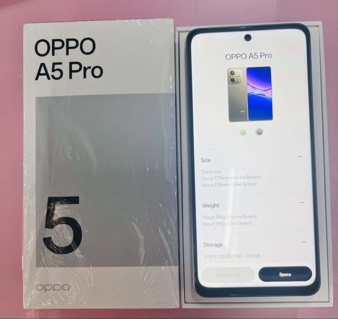 OPPO A5 PRO 8+256gb (Category: OPPO) located in Caloocan City. Submitted by cleverbear_b33941 (Listing ID 1454958781, Image 1). Description: COMPLETE PACKAGE UNSEALED BOX (OPENED ONLY FOR DISPLAY) UNUSED ACCESSORIES MALL PULL OUT NO DENTS NO SCRATCHES.