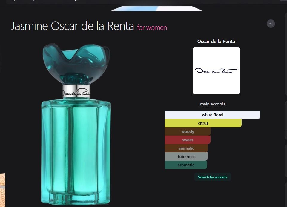 Oscar De La Renta - Jasmine Mini (Category: Fragrance & Deodorants) located in Quezon City. Submitted by piptea (Listing ID 1454956039, Image 2). Description: - cute floral shape turquoise bottle ad cap - 7.5ml, 90% full rarely used - floral citrussy scent, smells like sampaguita (u can see all the other notes in the photo) thats mildly lactonic? because of the tonka and tuberose rfs: gift, rarely used.
