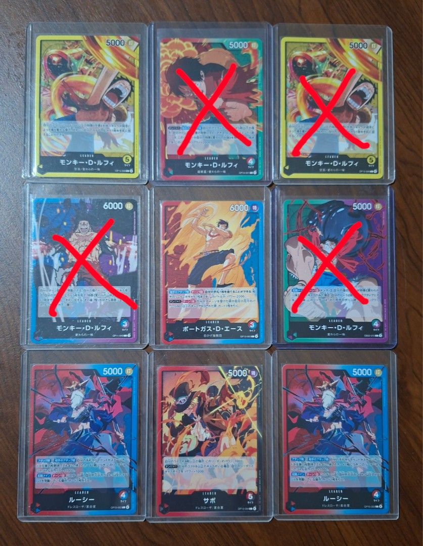 Php80 each One Piece Card Game Leader Cards - Monkey D. Luffy, Ace, Sabo, Lucy (Category: Raw Singles) located in Taytay. Submitted by bouncy_bee (Listing ID 1454669607, Image 1). Description: - Collection of One Piece Card Game Leader Cards - Includes multiple Monkey D. Luffy cards - Features Portgas D. Ace and Sabo - Also includes a Lucy leader card - All cards are kept in protective sleeves - Ideal for any One Piece TCG fan or collector.