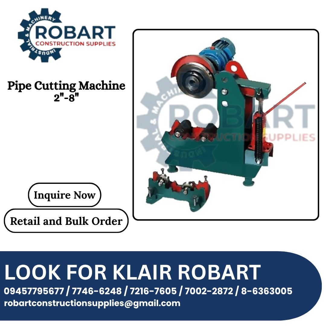 Pipe Cutting Machine 2"-8" (Category: Construction Tools & Equipment) located in Caloocan City. Submitted by klair_robart (Listing ID 1454966963, Image 1). Description: Model: MT Cayken Pipe Cutting Machine 2"–8" Product Type: Pipe Cutting Machine Cutting Capacity: 2" – 8" Pipes Motor Type: Induction Motor Motor Speed: 24 RPM Height Adjustment: Adjustable Working Height Application: Pipe Cutting for Industrial and Plumbing Use price may change wi
