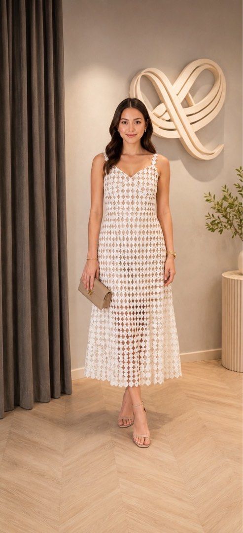 Plains & Prints x Michael Leyva Dress (Category: Dresses) located in Manila. Submitted by decluterrracct (Listing ID 1455019557, Image 1). Description: Selling my Plains & Prints x Michael Leyva Collection dress 🤍✨ • Condition: Worn once only — excellent condition • Elegant white crochet/lace midi dress with a flattering silhouette • Perfect for weddings, events, brunch, date nights, or other special occasions • Carefully used and well-maintaine