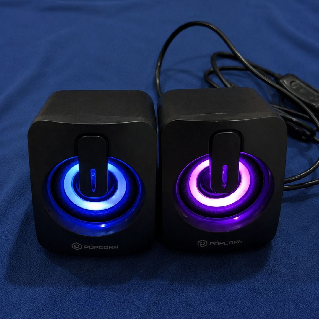 Popcorn USB Powered LED Computer Speakers (Category: Soundbars, Speakers & Amplifiers) located in Caloocan City. Submitted by hastreiter67336 (Listing ID 1455035156, Image 3). Description: - Popcorn computer speakers - Cool blue and purple LED lights - USB powered for easy connection - Ideal for desk setups - Decent sound quality for casual listening - Selling due to setup upgrade.