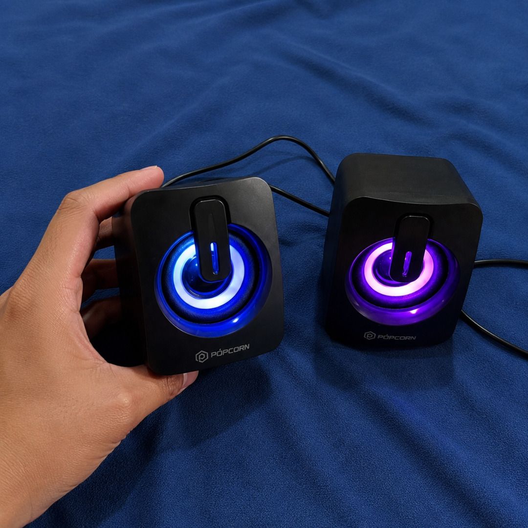 Popcorn USB Powered LED Computer Speakers (Category: Soundbars, Speakers & Amplifiers) located in Caloocan City. Submitted by hastreiter67336 (Listing ID 1455035156, Image 2). Description: - Popcorn computer speakers - Cool blue and purple LED lights - USB powered for easy connection - Ideal for desk setups - Decent sound quality for casual listening - Selling due to setup upgrade.