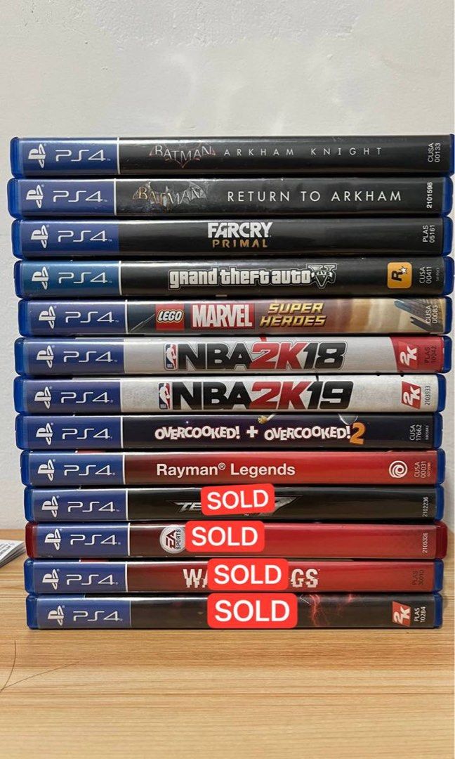 PS4 Games - SECOND HAND (Category: PlayStation) located in Manila. Submitted by gamer_mauments (Listing ID 1454712036, Image 2). Description: Batman Arkham Knight - 500 Batman Return to Arkham (Asylum and City, 2 discs) - 800 Far Cry Primal - 500 GTA 5 - 700 Lego Marvel Super Heroes - 400 NBA 2K18 - 200 NBA 2K19 - 200 Overcooked 1 & 2 - 800 Rayman Legends - 500 Tekken 7 - ❌SOLD❌ UFC 3 - ❌SOLD❌ Watch Dogs - ❌SOLD❌ WWE 2K19 - ❌SOLD❌ TAKE ALL? PM la