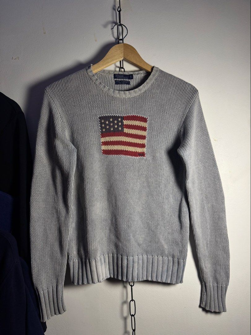 Ralph Lauren Flag Sweater Vintage (Category: Activewear) located in Tabaco. Submitted by emmanyul (Listing ID 1455117811, Image 1). Description: Ralph Lauren Flag Sweater Grey - 18x25 - Guaranteed Authentic - 10/10 Color Rate - Minor Stain (check picture) lastt - ₱3000 + sf.