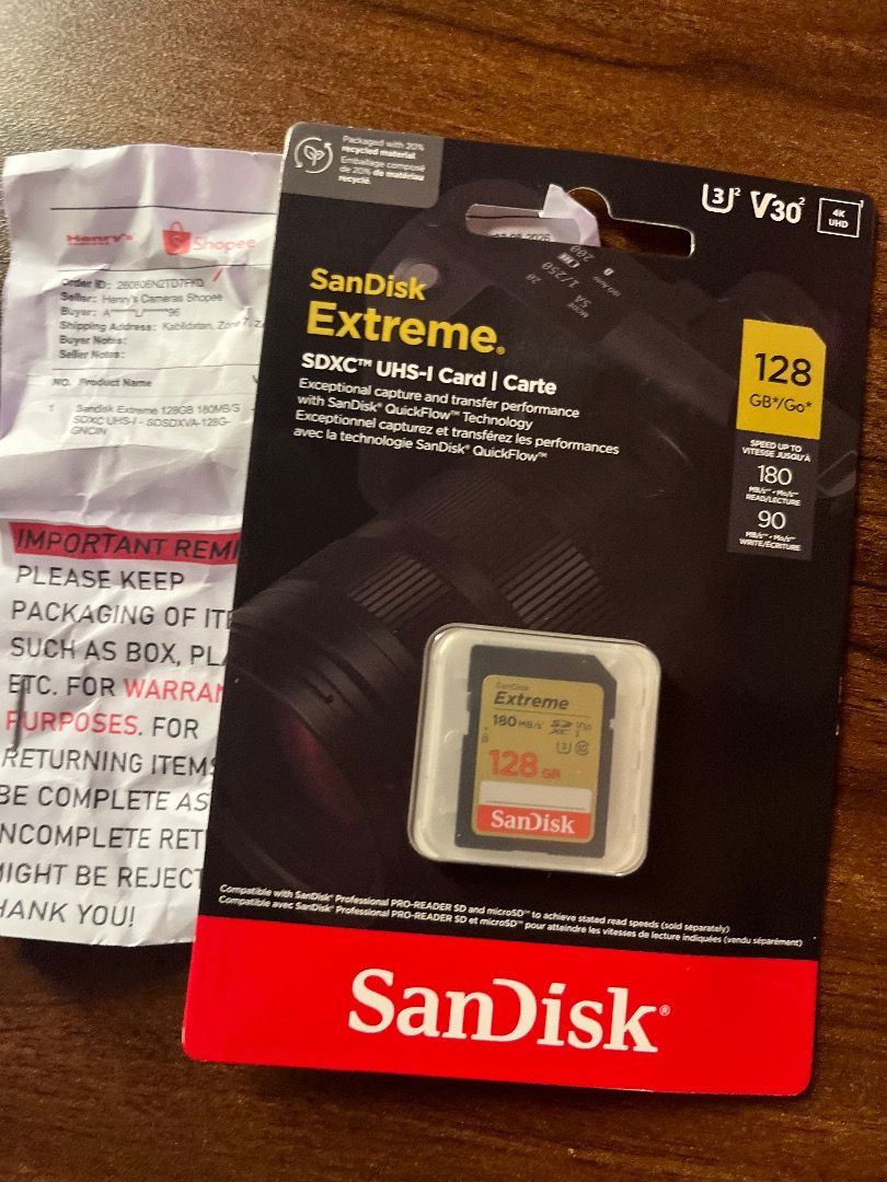 SanDisk Extreme 128gb 180mb/s (Category: Memory & SD Cards) located in Caloocan City. Submitted by alexanderb69515 (Listing ID 1455000959, Image 3). Description: 📦 Condition: Brand New / Unused 💾 Capacity: 128GB ⚡ Speed: Up to 180MB/s 🏷️ Brand: SanDisk ✅ Still in original packaging 🧾 Comes with official receipt 🛡️ With warranty (bought from Henry’s Camera Ph) ✨ Never opened / never used.