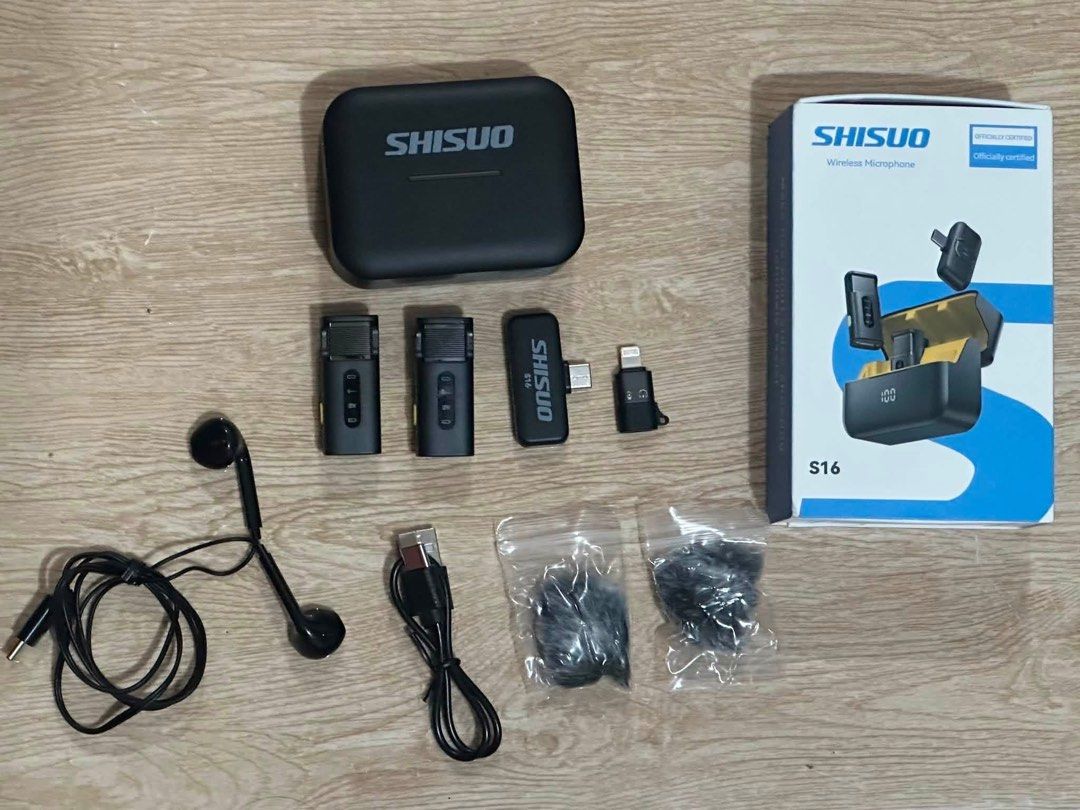 SHISUO S16 Wireless Microphone 2 Mic + Charging Box (Category: Microphones) located in Quezon City. Submitted by katieeeeeeeeeeeeeeeeee (Listing ID 1455002059, Image 1). Description: - SHISUO S16 Wireless Microphone Set - Perfect for TYPE C/ iPhone/iOS devices - Includes: 2 Microphones, Charging Box, Receiver - Accessories: Lightning Adapter, Windproof Wool Ball, Earphones, Charging Cable - Ideal for Content Creators - Tested and confirmed workin