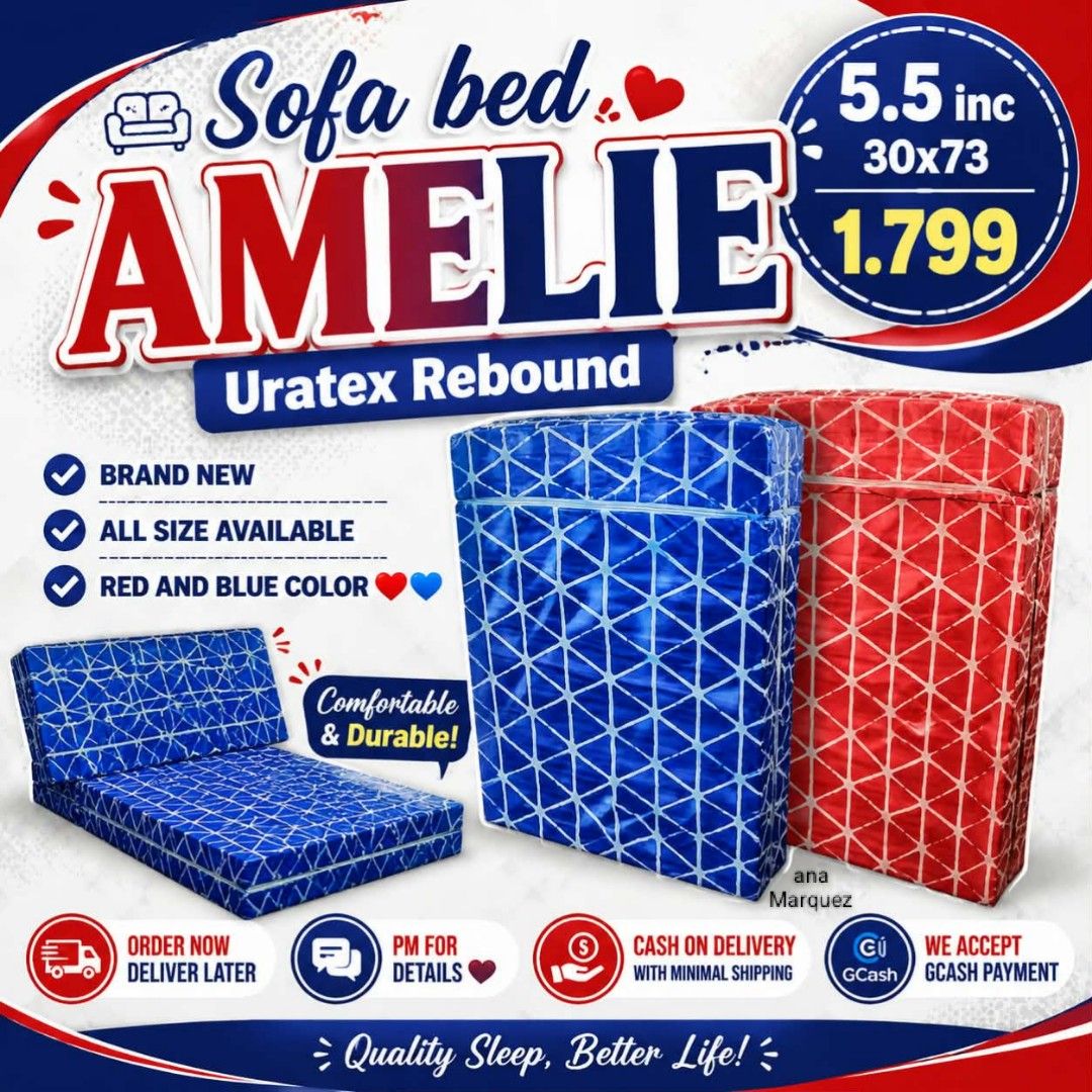 Single sofa bed AMELIE (Category: Sofas) located in Manila. Submitted by annapaduam46857 (Listing ID 1455017568, Image 1). Description: Sofa bed AMELIE uratex rebound 5.5 inc 30x73 1.799 🔸Brand new 🔸All size available 🔸Red and blue color ♥️💙 🔸Order now deliver later 🚛 🔸Pm for details 💌 🔸Cash on delivery with minimal shipping 🔸We accept gcash payment ➡️For more details call or text my no# 0906 045 0366.