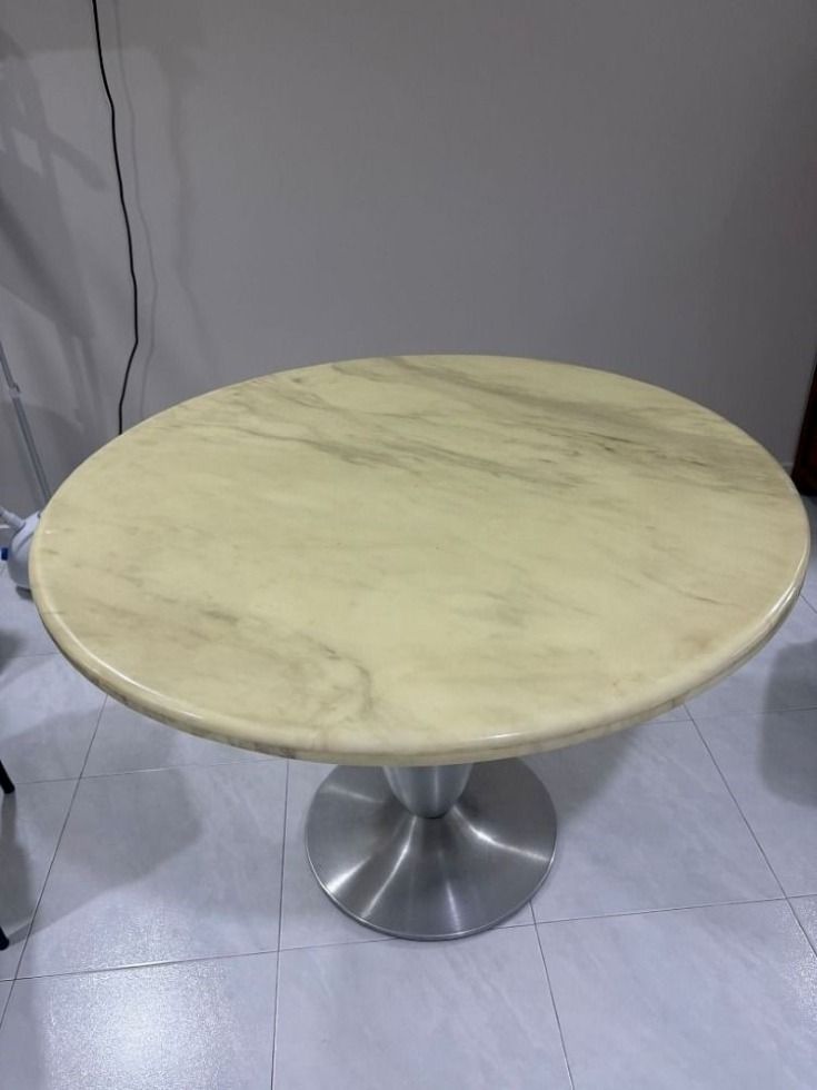 Small Dining Table / Side Table (Category: Tables & Sets) located in Singapore. Submitted by lg_samsung (Listing ID 1454963439, Image 2). Description: Item available. If you still ask, you will not get a response. Collection location - check inside this ad. Marble tabletop diameter 110cm Stainless steel stand of height 80cm Easily detachable for moving Self collect Lift level.