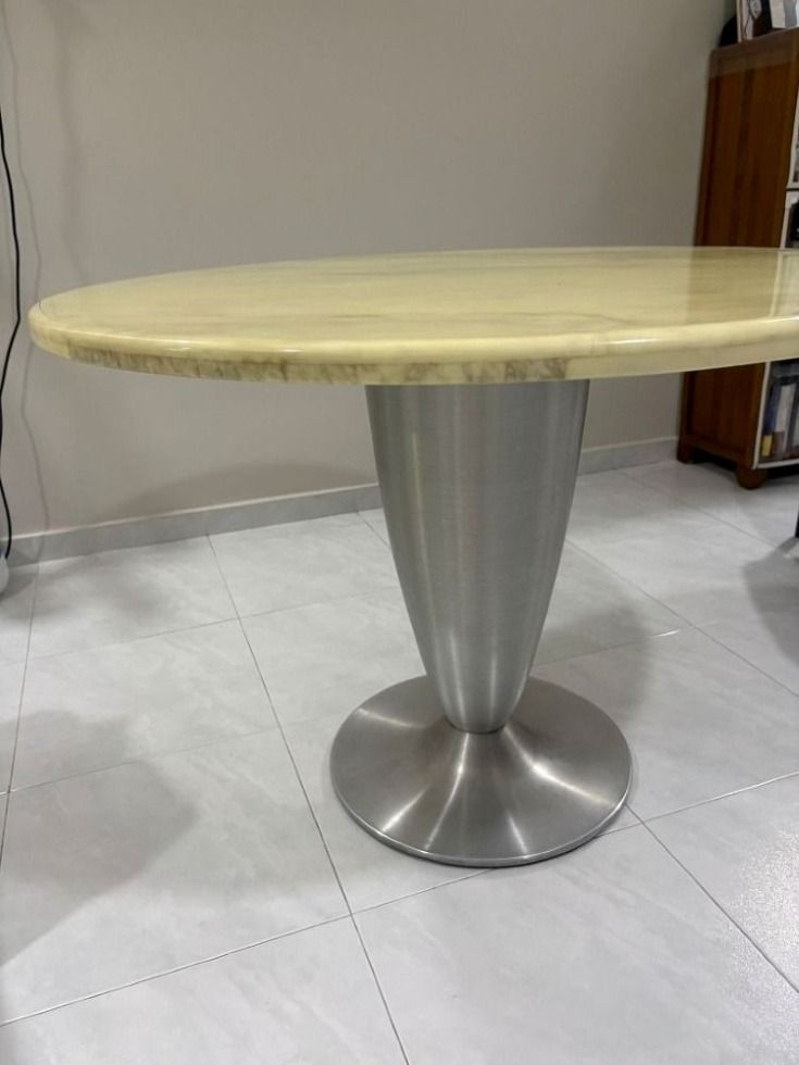 Small Dining Table / Side Table (Category: Tables & Sets) located in Singapore. Submitted by lg_samsung (Listing ID 1454963439, Image 3). Description: Item available. If you still ask, you will not get a response. Collection location - check inside this ad. Marble tabletop diameter 110cm Stainless steel stand of height 80cm Easily detachable for moving Self collect Lift level.
