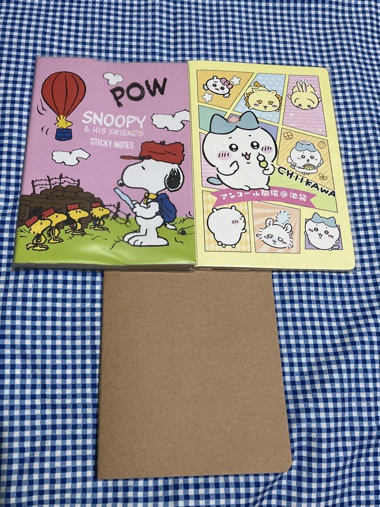 Snoopy notebook, Chiikawa notebook, plain brown notebook bundle (Category: Stationery & School Supplies) located in Cainta. Submitted by gelluvslilychou (Listing ID 1455071385, Image 1). Description: Decluttering ✨ Brand new !!🫶 Rfs: No longer need 💔/ too much stationary .