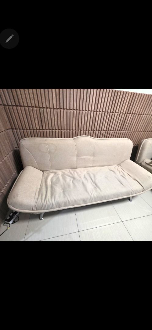 Sofabed (2) for Sale! (Category: Sofas) located in Caloocan City. Submitted by yinyangphiljflo (Listing ID 1454952555, Image 1). Description: Condo pull out. Sofabed that can recline and become a full size double bed. Metal frame, super solid. Very goos condition, minimal water marks, can be fixed by deep clean. Originally purchased for 25,000 each. 6,000 for 1 10,000 for 2 Shipping/delivery c/o Buyer. Pull out available M-F 8-5pm.