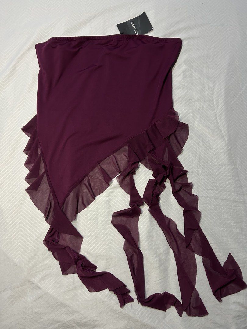 Ruffle top (Category: Sleeveless) located in Manila. Submitted by fromrie (Listing ID 1455096324, Image 2). Description: - Plum color - Ruffle trim with long ties - Can be styled in many ways - Perfect for going out or as a beach cover-up - Brand new with tag still attached .