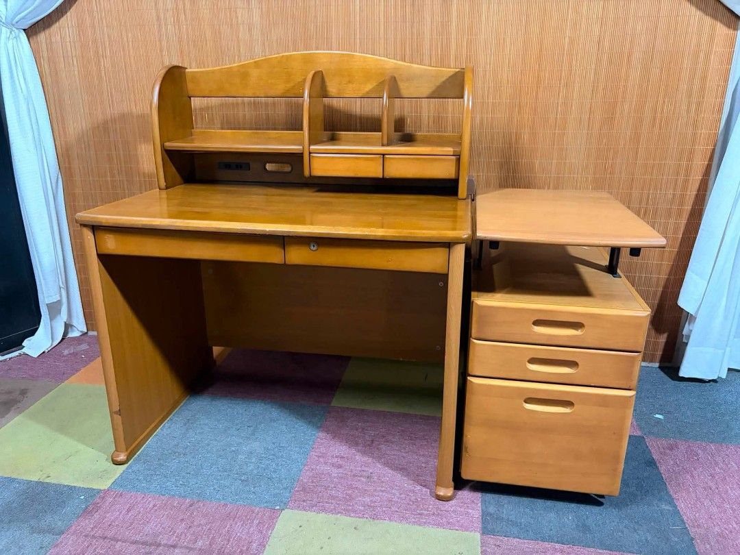 Study Table (Category: Tables & Sets) located in Meycauayan. Submitted by marygracecasimiro (Listing ID 1455042059, Image 1). Description: 😍SOLID WOOD!!! KUMPLETO NA!!! Study Desk with Book Shelf & Pedestal Drawer SOLID WOOD!!! HEAVY-DUTY!!! Study Desk with Drawers, Built-in Bookshelf Power Extension Outlet 220volts Ready Height Adjustable Side Desk Mobile Pedestal Drawer Price : 12,500 ✅ Table : 40L x 26W x 29H Table height inches Total height 