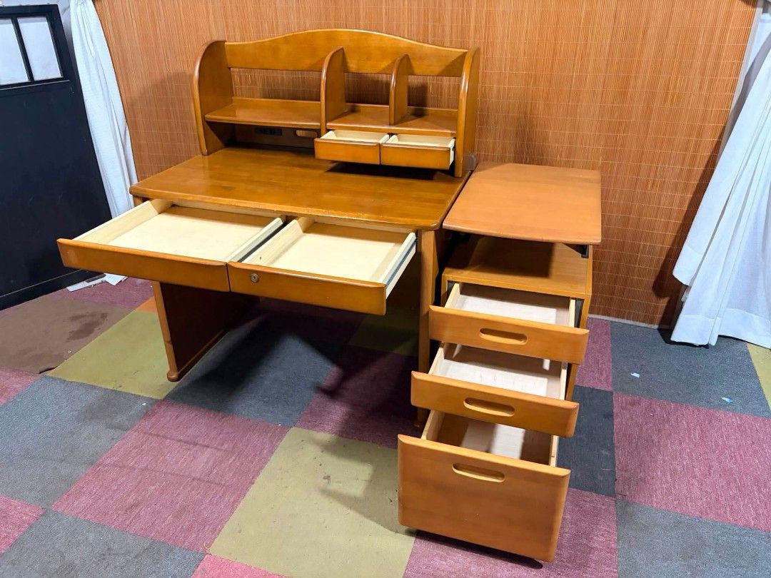 Study Table (Category: Tables & Sets) located in Meycauayan. Submitted by marygracecasimiro (Listing ID 1455042059, Image 3). Description: 😍SOLID WOOD!!! KUMPLETO NA!!! Study Desk with Book Shelf & Pedestal Drawer SOLID WOOD!!! HEAVY-DUTY!!! Study Desk with Drawers, Built-in Bookshelf Power Extension Outlet 220volts Ready Height Adjustable Side Desk Mobile Pedestal Drawer Price : 12,500 ✅ Table : 40L x 26W x 29H Table height inches Total height 