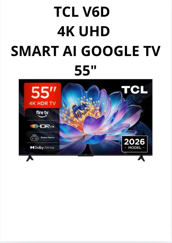 TCL 55V6B (Category: TV) located in Singapore. Submitted by smart_tech (Listing ID 1454979110, Image 1). Description: Display & Picture Screen Size: 55 inches Resolution: 4K UHD (3840 × 2160) Panel Type: Direct LED with HVA panel Contrast Ratio: 5000:1 Brightness: ~270 to 350 nits Refresh Rate: 60Hz (with Motion Clarity / MEMC)HDR Formats: HDR10, HLGProcessor: AiPQ Processor Smart System & Storage Operating System: Google TV (based on Android 12)