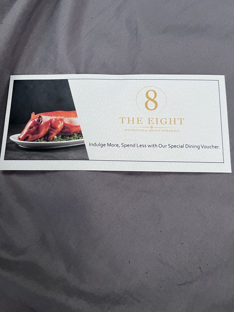 The Eight International Buffet 3+1 Dining Voucher (Category: Vouchers) located in Caloocan City. Submitted by tancityshop (Listing ID 1454964499, Image 1). Description: Voucher entitles to one (1) complimentary Buffet for lunch when dining with three (3) adult regular paying guests. • Voucher is valid from Monday to Friday, for lunch only. • Voucher is not valid during blackout dates, as well as on special and regular holidays. • Voucher cannot b