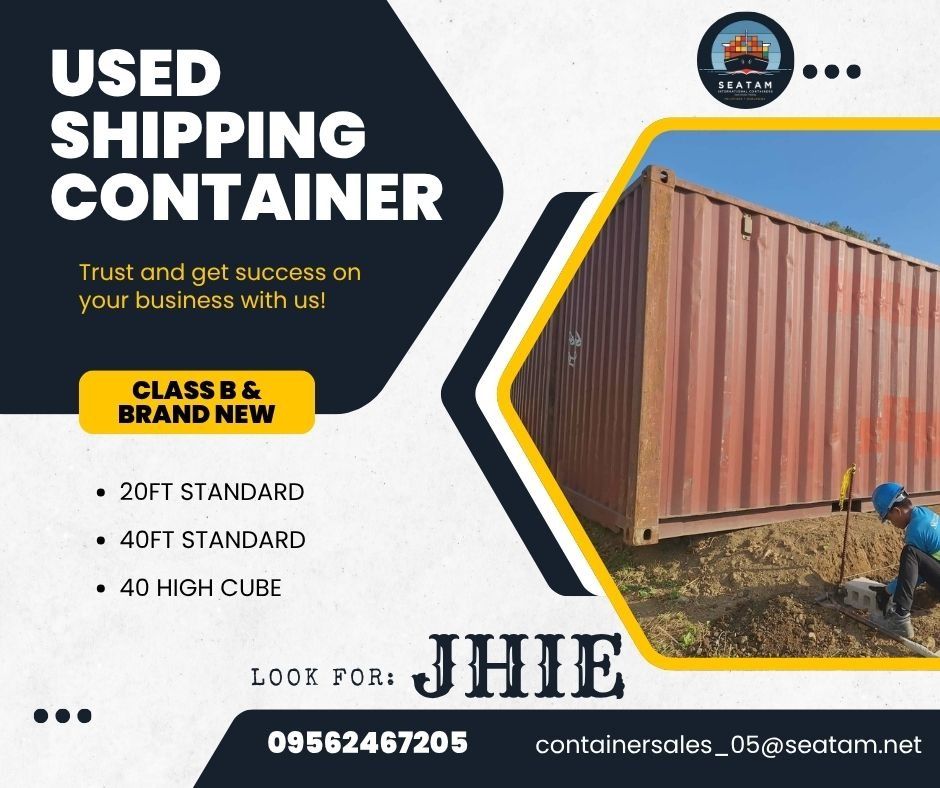 Used Shipping Containers - 20FT, 40FT Standard & High Cube (Category: Construction & Building Materials) located in Caloocan City. Submitted by seatam_jhie (Listing ID 1454961672, Image 1). Description: - Used Shipping Containers for Sale - Available Sizes: 20FT Standard, 40FT Standard, 40FT High Cube - Ideal for business expansion and storage solutions - Contact JHIE for inquiries - Phone: 09562467205 - Email: containersales_05@seatam.net.