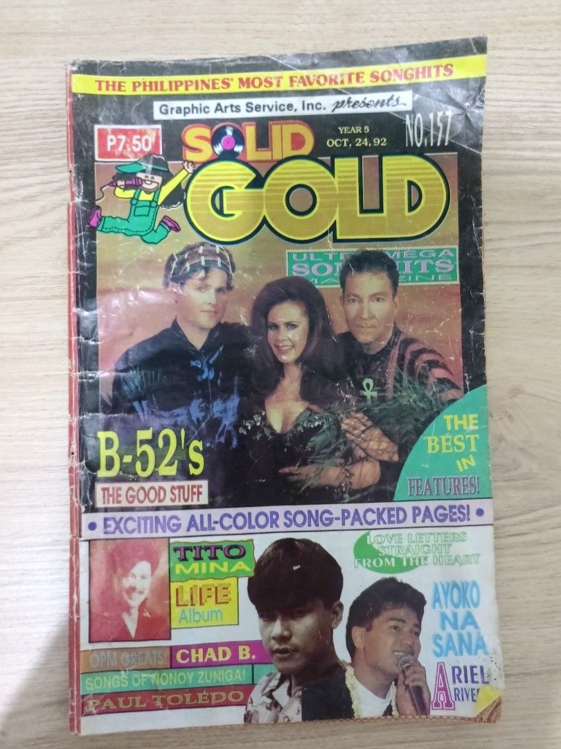 Vintage Solid Gold Song Hits Magazine (Category: Magazines) located in Cavite. Submitted by bodega_ni_kiks11 (Listing ID 1455110610, Image 1). Description: Vintage songhits magazine featuring B-52's, Chad Borja, Ariel Rivera and many more OPM and international artists. Condition as shown in photos. 💰 ₱200 only.