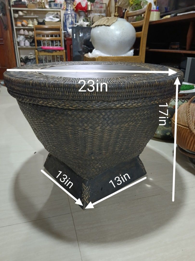 Vintage Woven Rattan Lidded Basket (Category: Storage Boxes & Baskets) located in Manila. Submitted by gieboy65 (Listing ID 1455002299, Image 2). Description: Intricate Handwoven With a Solid Wood Inset Lid and Square Pedestal It Can Be Used as an Accent Piece/ Corner/Side Table Plus Storage 2 PCs Available Price 3,500 Each Excellent Vintage Shape and Condition See Photos for References location Brgy Rizal Makati/Taguig Near BGC/C5 MOP Gcash or C