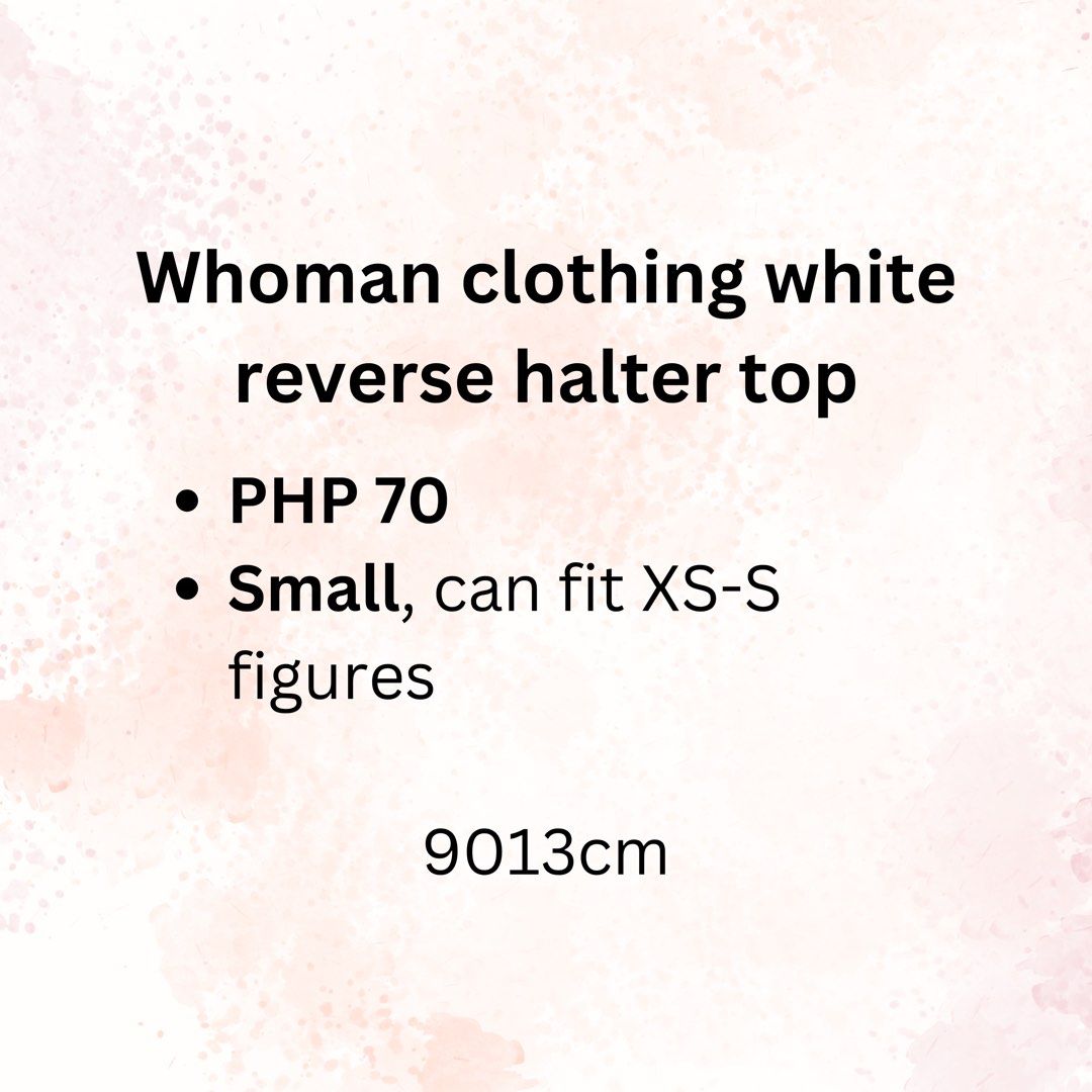 Whoman Basics White Reversed Halter Top Korean ITY (Category: Sleeveless) located in Manila. Submitted by 9013cm (Listing ID 1455047044, Image 3). Description: ₱70 + sf XS-S Never worn Location: Sampaloc Manila MOD: Lalamove, J&T MOP: GCash, Maribank.