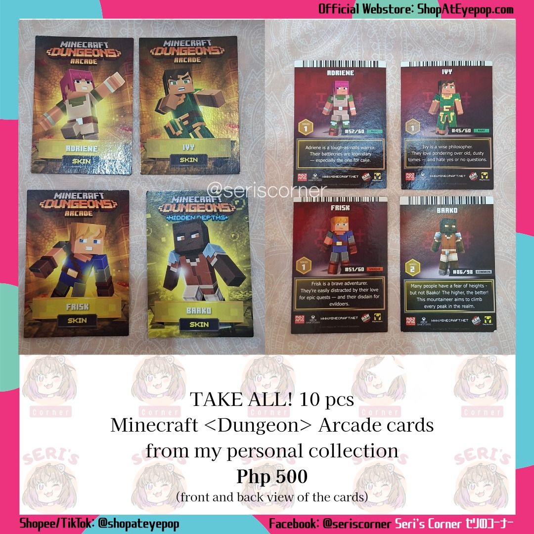 10 pcs Minecraft Dungeons Arcade Cards (Category: Raw Singles) located in Las Pinas. Submitted by seriscorner (Listing ID 1455142600, Image 2). Description: - Bundle of 10 Minecraft Dungeons Arcade Cards. - From my personal collection. - All cards included in the set. - Ideal for Minecraft fans and collectors. - Don't miss out on this great deal! Courier: SPX Xpress (sf c/o buyer) We accept payments via BDO, Maribank, GoTyme, and GCash..