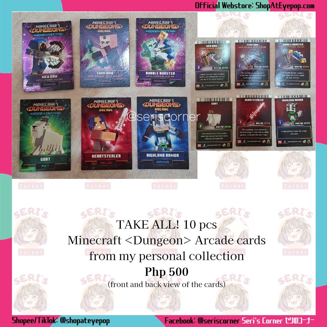 10 pcs Minecraft Dungeons Arcade Cards (Category: Raw Singles) located in Las Pinas. Submitted by seriscorner (Listing ID 1455142600, Image 3). Description: - Bundle of 10 Minecraft Dungeons Arcade Cards. - From my personal collection. - All cards included in the set. - Ideal for Minecraft fans and collectors. - Don't miss out on this great deal! Courier: SPX Xpress (sf c/o buyer) We accept payments via BDO, Maribank, GoTyme, and GCash..